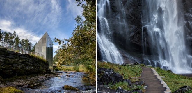 Fortunen AS, Østengen & Bergo, Skjervet waterfall architecture, Skjervet waterfall, landscape architecture, natural stone, waterfall structures, nature-inspired architecture, small spaces, tiny homes, tiny spaces, bathroom design, landscape design, green design,