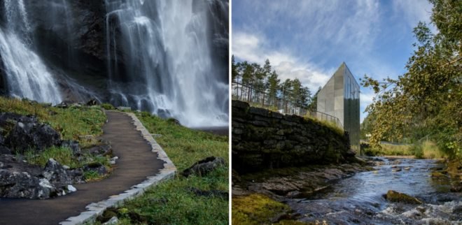Fortunen AS, Østengen & Bergo, Skjervet waterfall architecture, Skjervet waterfall, landscape architecture, natural stone, waterfall structures, nature-inspired architecture, small spaces, tiny homes, tiny spaces, bathroom design, landscape design, green design,