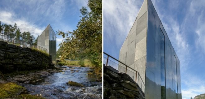 Fortunen AS, Østengen & Bergo, Skjervet waterfall architecture, Skjervet waterfall, landscape architecture, natural stone, waterfall structures, nature-inspired architecture, small spaces, tiny homes, tiny spaces, bathroom design, landscape design, green design,