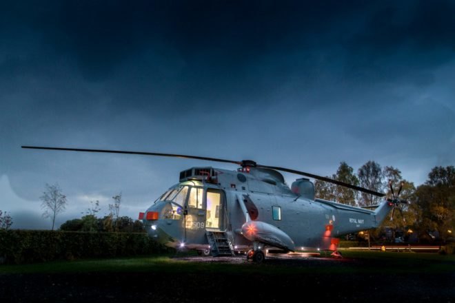 Helicopter Glamping, helicopter hotel, unique hotel rooms, helicopter glamping hotels, scotland glamping, glamping in scotland, unique glamping sites, helicopter homes, tiny hotels, unique hotels scotland, scotland farm hotel, renovated helicopters, mains farm helicopter hotel,