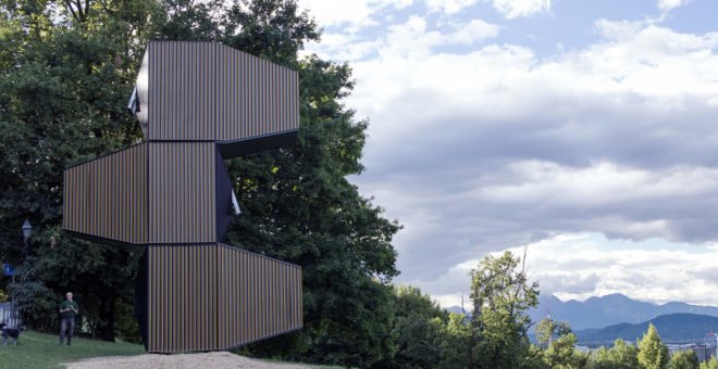 Ofis Arhitekti, modular design, wooden structures, temporary structure, library, Ljubljana, Slovenia, green architecture, temporary architecture, flexible spaces, concrete, cabin, temporary shelter, treehouse