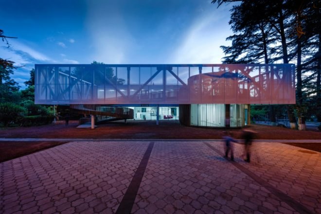Mediathek, Laboratory of Architecture #3, Tbilisi library, multimedia library, library design, library architecture, wooden staircase, spiral staircase, architecture, wooden building materials, cantilevered buildings, rectangular buildings, library in Tbilisi, childrens library
