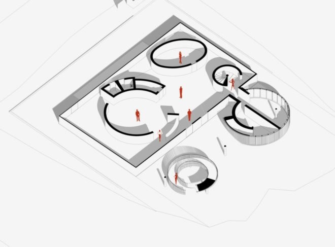 Mediathek, Laboratory of Architecture #3, Tbilisi library, multimedia library, library design, library architecture, wooden staircase, spiral staircase, architecture, wooden building materials, cantilevered buildings, rectangular buildings, library in Tbilisi, childrens library