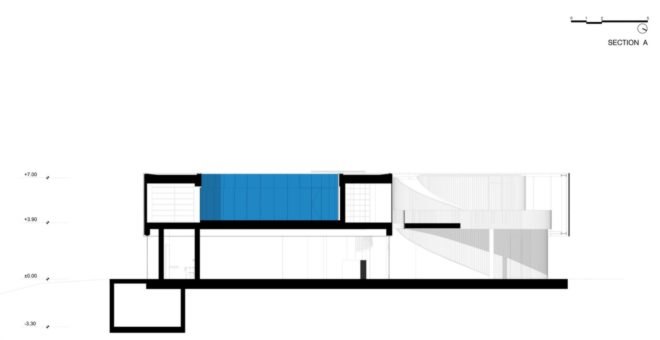 Mediathek, Laboratory of Architecture #3, Tbilisi library, multimedia library, library design, library architecture, wooden staircase, spiral staircase, architecture, wooden building materials, cantilevered buildings, rectangular buildings, library in Tbilisi, childrens library