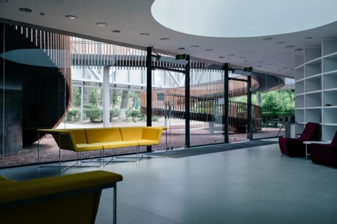 Mediathek, Laboratory of Architecture #3, Tbilisi library, multimedia library, library design, library architecture, wooden staircase, spiral staircase, architecture, wooden building materials, cantilevered buildings, rectangular buildings, library in Tbilisi, childrens library