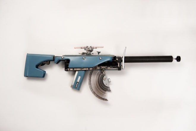 Typewriter Guns by Eric Nado, reconstructive artworks, typewriter guns, recycled typewriters, gun artworks, Underwood typewriters, vintage typewriter art, Eric Nado sculpture, recycled artworks by Eric Nado