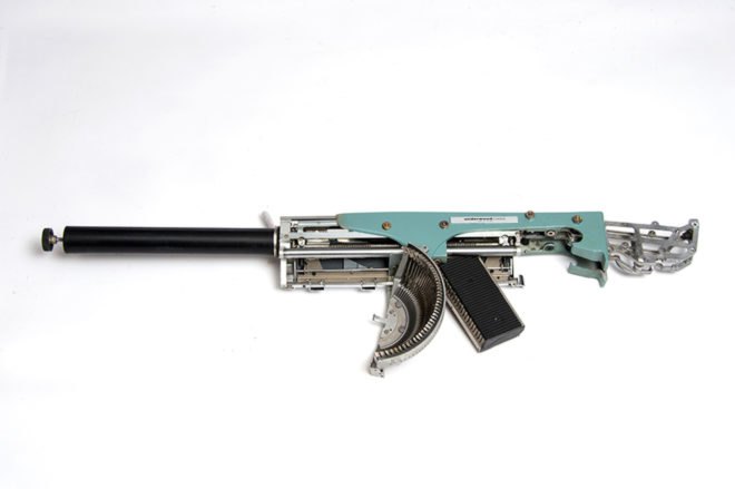 Typewriter Guns by Eric Nado, reconstructive artworks, typewriter guns, recycled typewriters, gun artworks, Underwood typewriters, vintage typewriter art, Eric Nado sculpture, recycled artworks by Eric Nado
