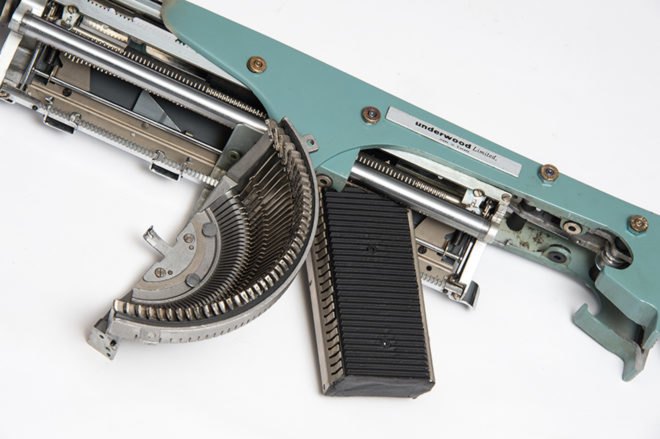 Typewriter Guns by Eric Nado, reconstructive artworks, typewriter guns, recycled typewriters, gun artworks, Underwood typewriters, vintage typewriter art, Eric Nado sculpture, recycled artworks by Eric Nado