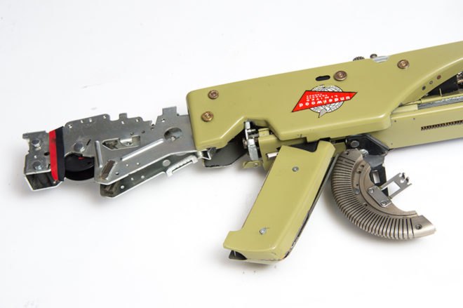 Typewriter Guns by Eric Nado, reconstructive artworks, typewriter guns, recycled typewriters, gun artworks, Underwood typewriters, vintage typewriter art, Eric Nado sculpture, recycled artworks by Eric Nado