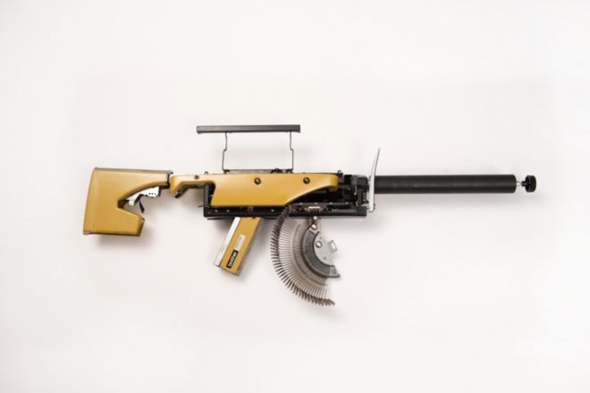 Typewriter Guns by Eric Nado, reconstructive artworks, typewriter guns, recycled typewriters, gun artworks, Underwood typewriters, vintage typewriter art, Eric Nado sculpture, recycled artworks by Eric Nado