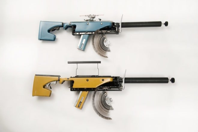 Typewriter Guns by Eric Nado, reconstructive artworks, typewriter guns, recycled typewriters, gun artworks, Underwood typewriters, vintage typewriter art, Eric Nado sculpture, recycled artworks by Eric Nado