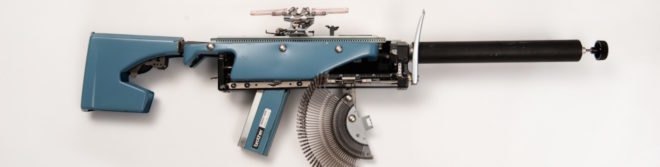 Typewriter Guns by Eric Nado, reconstructive artworks, typewriter guns, recycled typewriters, gun artworks, Underwood typewriters, vintage typewriter art, Eric Nado sculpture, recycled artworks by Eric Nado