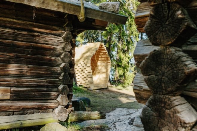 Y sculpture at Seurasaari open air museum, Y sculpture Niemelä Tenant Farm, Y by Emmi Keskisarja & Janne Teräsvirta & Company Architects, digital fabrication and traditional woodworking, digital fabrication with handicrafts, digitally fabricated timber sculptures