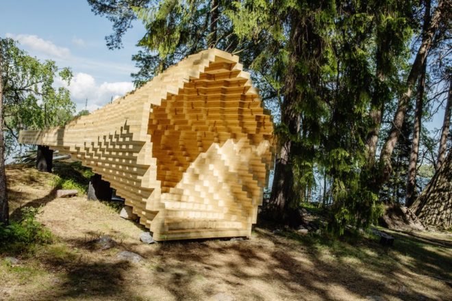 Y sculpture at Seurasaari open air museum, Y sculpture Niemelä Tenant Farm, Y by Emmi Keskisarja & Janne Teräsvirta & Company Architects, digital fabrication and traditional woodworking, digital fabrication with handicrafts, digitally fabricated timber sculptures