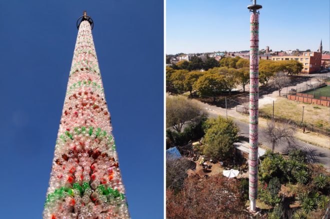 iThemba Tower by r1, iThemba Tower Spaza Art Garden, iThemba Tower Troyeville, recycled plastic bottle art, recycled bottle tower, Spaza Art Garden, Troyeville recycled materials, LED recycled art, eco art in South Africa, recycled materials into art South Africa, r1 South African artist