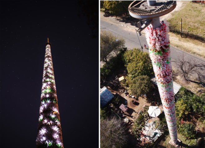 iThemba Tower by r1, iThemba Tower Spaza Art Garden, iThemba Tower Troyeville, recycled plastic bottle art, recycled bottle tower, Spaza Art Garden, Troyeville recycled materials, LED recycled art, eco art in South Africa, recycled materials into art South Africa, r1 South African artist