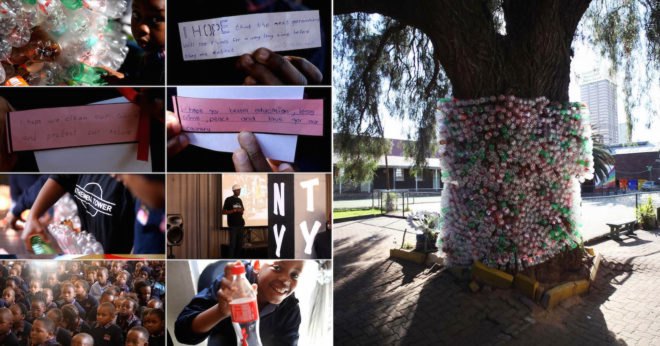 iThemba Tower by r1, iThemba Tower Spaza Art Garden, iThemba Tower Troyeville, recycled plastic bottle art, recycled bottle tower, Spaza Art Garden, Troyeville recycled materials, LED recycled art, eco art in South Africa, recycled materials into art South Africa, r1 South African artist