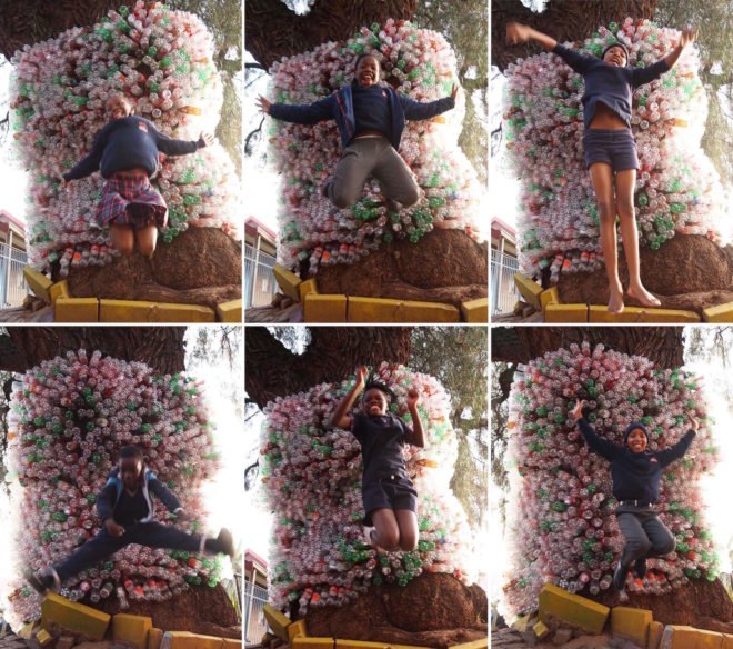 iThemba Tower by r1, iThemba Tower Spaza Art Garden, iThemba Tower Troyeville, recycled plastic bottle art, recycled bottle tower, Spaza Art Garden, Troyeville recycled materials, LED recycled art, eco art in South Africa, recycled materials into art South Africa, r1 South African artist