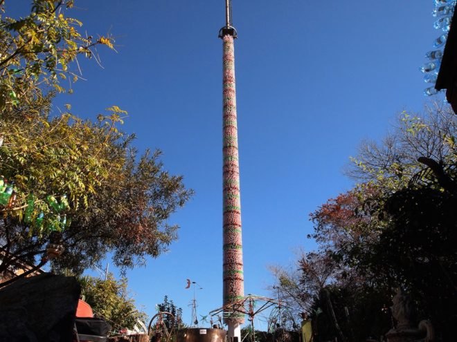 iThemba Tower by r1, iThemba Tower Spaza Art Garden, iThemba Tower Troyeville, recycled plastic bottle art, recycled bottle tower, Spaza Art Garden, Troyeville recycled materials, LED recycled art, eco art in South Africa, recycled materials into art South Africa, r1 South African artist