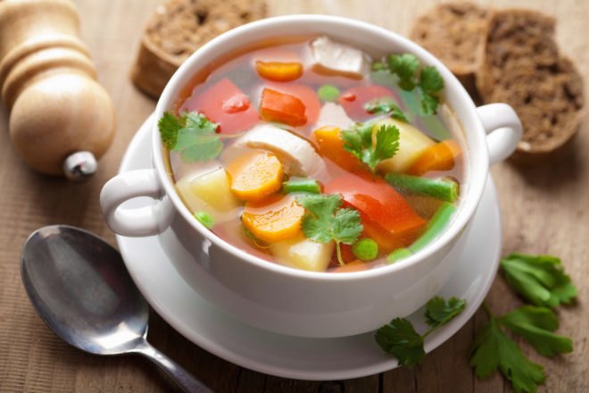 soup, chicken soup, vegetables