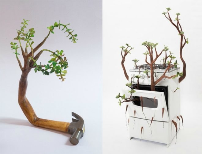 Camille Kachan, Sao Paulo’s Zipper Galeria, brazilian art, tree art, nature-inspired art, furniture covered in plants, overgrown plant art, art installations, green art, brazilian artists, plant art, sculpture, plant covered art, green artists,
