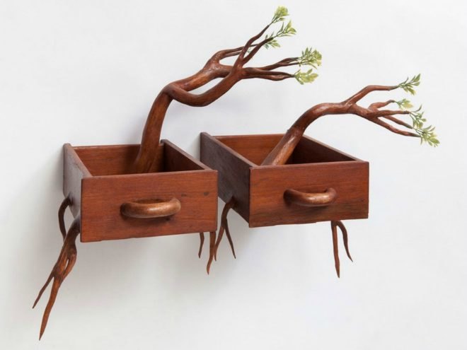 Camille Kachan, Sao Paulo’s Zipper Galeria, brazilian art, tree art, nature-inspired art, furniture covered in plants, overgrown plant art, art installations, green art, brazilian artists, plant art, sculpture, plant covered art, green artists,