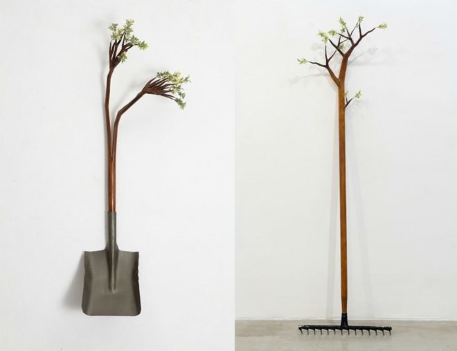 Camille Kachan, Sao Paulo’s Zipper Galeria, brazilian art, tree art, nature-inspired art, furniture covered in plants, overgrown plant art, art installations, green art, brazilian artists, plant art, sculpture, plant covered art, green artists,