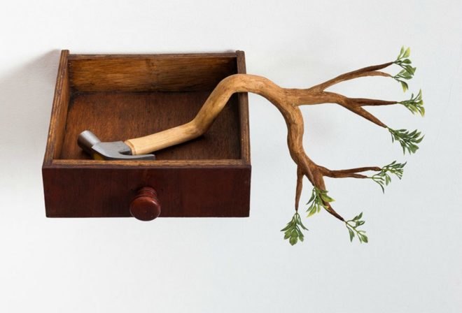 Camille Kachan, Sao Paulo’s Zipper Galeria, brazilian art, tree art, nature-inspired art, furniture covered in plants, overgrown plant art, art installations, green art, brazilian artists, plant art, sculpture, plant covered art, green artists,