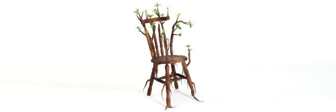 Camille Kachan, Sao Paulo’s Zipper Galeria, brazilian art, tree art, nature-inspired art, furniture covered in plants, overgrown plant art, art installations, green art, brazilian artists, plant art, sculpture, plant covered art, green artists,
