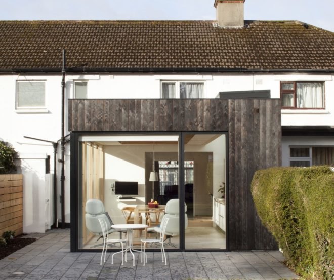 Copeland Grove by Stephen Kavanagh Architects, charred timber house extension, modern house extension, Copeland Grove in Dublin, timber and glass house box,