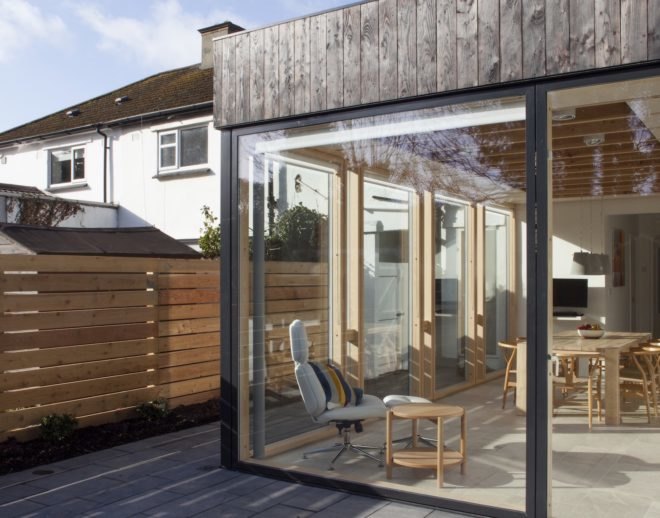 Copeland Grove by Stephen Kavanagh Architects, charred timber house extension, modern house extension, Copeland Grove in Dublin, timber and glass house box,