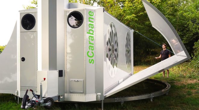 Green Cat Technologies, sCarabane, sCarabane by Green Cat Technologies, caravan, caravans, rotate, rotating, folding, foldable, clean technology, renewable technology, renewable energy, clean energy, solar power, solar energy, solar concentrator, wind power, wind energy, wind turbine