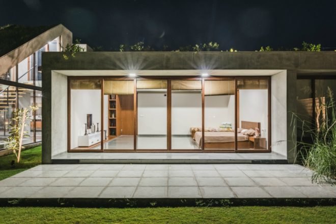 MISA ARCHITECTS, Outhouse, Vansajada, India, bamboo curtains, indian architecture, home design, green home design, green rooftops, homes with green roofs, installing green roofs, concrete homes, brutalist architecture, homes in India, interior design, water collection systems,