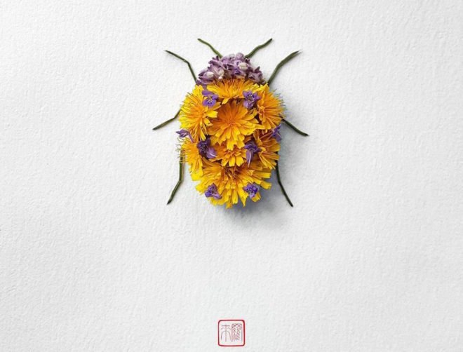 Natura Insects by Raku Inoue, flower arrangement by Raku Inoue, Reikan apparel, challengeofthe9, insects made of flower petals, flower petal sculptures,