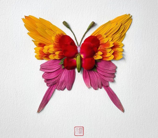 Natura Insects by Raku Inoue, flower arrangement by Raku Inoue, Reikan apparel, challengeofthe9, insects made of flower petals, flower petal sculptures,