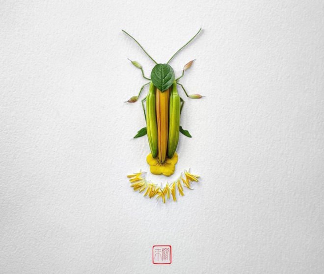 Natura Insects by Raku Inoue, flower arrangement by Raku Inoue, Reikan apparel, challengeofthe9, insects made of flower petals, flower petal sculptures,