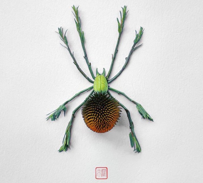 Natura Insects by Raku Inoue, flower arrangement by Raku Inoue, Reikan apparel, challengeofthe9, insects made of flower petals, flower petal sculptures,