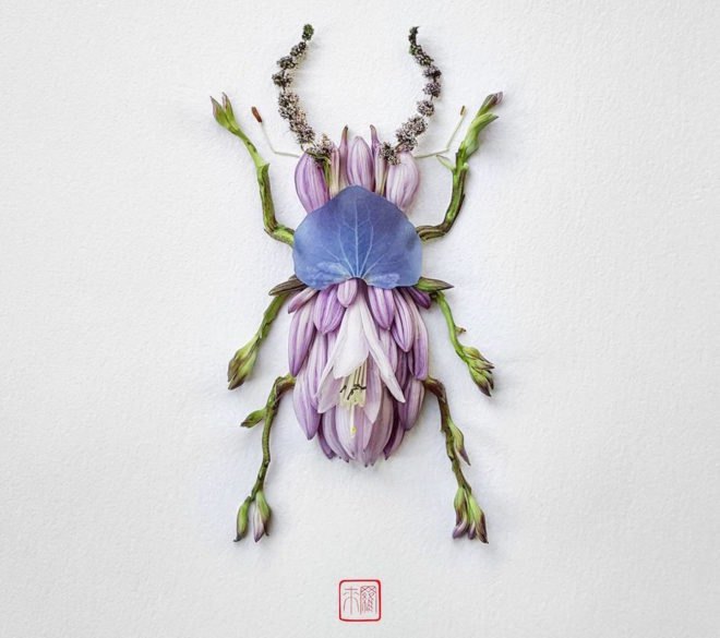 Natura Insects by Raku Inoue, flower arrangement by Raku Inoue, Reikan apparel, challengeofthe9, insects made of flower petals, flower petal sculptures,