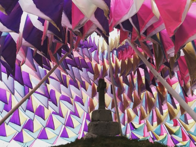 Titled Wind Cathedral, Neon studio, Victor-Saint-la Riviere, art installations, art installations france, neon, Mark Nixon, Horizons exhibition, wind art installations, tent art installations, colorful cathedral, art installation structures, fabric cathedral, tent cathedral