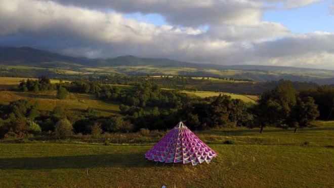 Titled Wind Cathedral, Neon studio, Victor-Saint-la Riviere, art installations, art installations france, neon, Mark Nixon, Horizons exhibition, wind art installations, tent art installations, colorful cathedral, art installation structures, fabric cathedral, tent cathedral