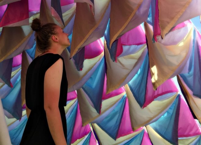 Titled Wind Cathedral, Neon studio, Victor-Saint-la Riviere, art installations, art installations france, neon, Mark Nixon, Horizons exhibition, wind art installations, tent art installations, colorful cathedral, art installation structures, fabric cathedral, tent cathedral