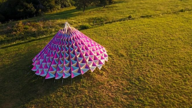 Titled Wind Cathedral, Neon studio, Victor-Saint-la Riviere, art installations, art installations france, neon, Mark Nixon, Horizons exhibition, wind art installations, tent art installations, colorful cathedral, art installation structures, fabric cathedral, tent cathedral