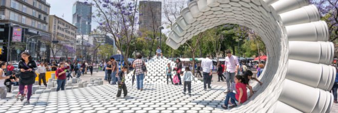 One Bucket at a Time by Factor Eficiencia and 5468796 Architecture, MEXTROPOLI 2017 installation, MEXTROPOLI 2017 buckets, bucket installation, bucket public space, bucket art, viene viene, viene viene-inspired architecture, painter bucket architecture, Mexico City public space pop up