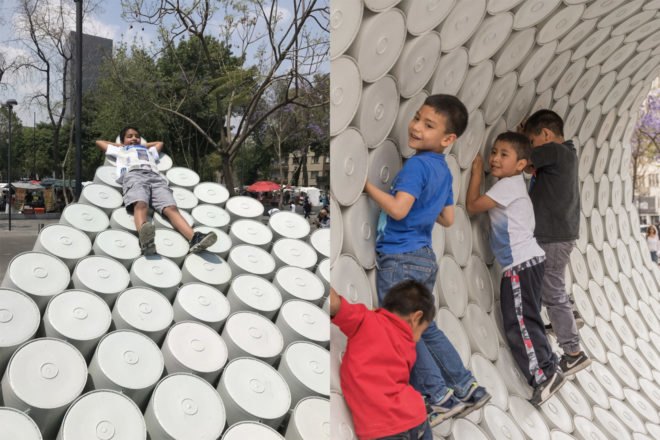 One Bucket at a Time by Factor Eficiencia and 5468796 Architecture, MEXTROPOLI 2017 installation, MEXTROPOLI 2017 buckets, bucket installation, bucket public space, bucket art, viene viene, viene viene-inspired architecture, painter bucket architecture, Mexico City public space pop up