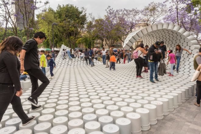 One Bucket at a Time by Factor Eficiencia and 5468796 Architecture, MEXTROPOLI 2017 installation, MEXTROPOLI 2017 buckets, bucket installation, bucket public space, bucket art, viene viene, viene viene-inspired architecture, painter bucket architecture, Mexico City public space pop up