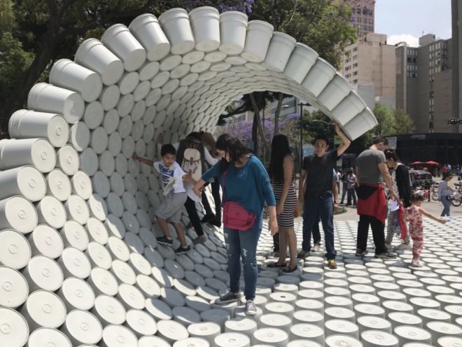 One Bucket at a Time by Factor Eficiencia and 5468796 Architecture, MEXTROPOLI 2017 installation, MEXTROPOLI 2017 buckets, bucket installation, bucket public space, bucket art, viene viene, viene viene-inspired architecture, painter bucket architecture, Mexico City public space pop up