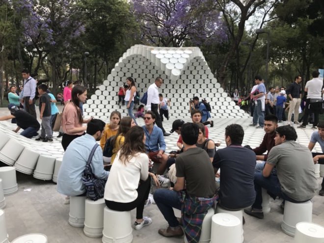 One Bucket at a Time by Factor Eficiencia and 5468796 Architecture, MEXTROPOLI 2017 installation, MEXTROPOLI 2017 buckets, bucket installation, bucket public space, bucket art, viene viene, viene viene-inspired architecture, painter bucket architecture, Mexico City public space pop up