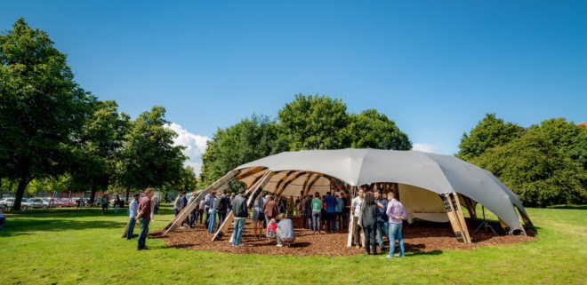 Folkets House, Opportunity Space Festival, Opportunity Space pavilion, temporary pavilion, Malmö, Sweden, ARExA, Walter P Moore, Milou Group, Virginia Tech School of Architecture + Design, timber pavilion, timber beams, green architecture