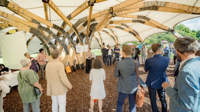 Folkets House, Opportunity Space Festival, Opportunity Space pavilion, temporary pavilion, Malmö, Sweden, ARExA, Walter P Moore, Milou Group, Virginia Tech School of Architecture + Design, timber pavilion, timber beams, green architecture