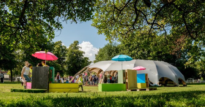 Folkets House, Opportunity Space Festival, Opportunity Space pavilion, temporary pavilion, Malmö, Sweden, ARExA, Walter P Moore, Milou Group, Virginia Tech School of Architecture + Design, timber pavilion, timber beams, green architecture